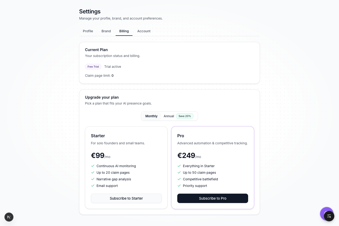 Impostazioni — scheda Billing